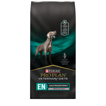 A bag of Purina Pro Plan Veterinary Diets EN Gastroenteric Fiber Balance dry dog food.
