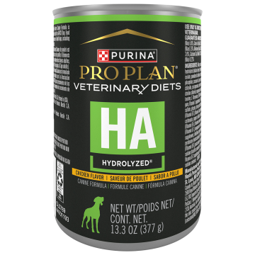 A can of Purina Pro Plan Veterinary Diets HA Hydrolyzed Chicken wet dog food.