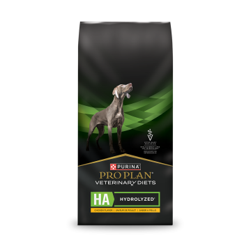 A bag of Purina Pro Plan Veterinary Diets HA Hydrolyzed Chicken dry dog food.