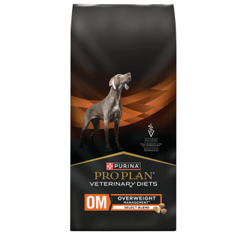 A bag of Purina Pro Plan Veterinary Diets OM Overweight Management Select Blend dry dog food.