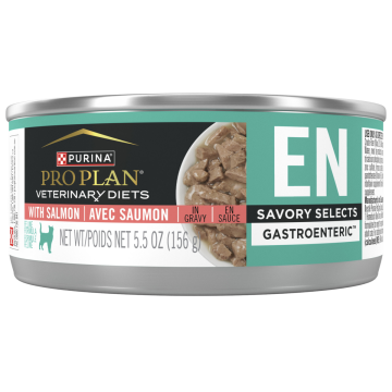 A can of Purina Pro Plan Veterinary Diets EN Savory Selects Gastroenteric salmon wet cat food.