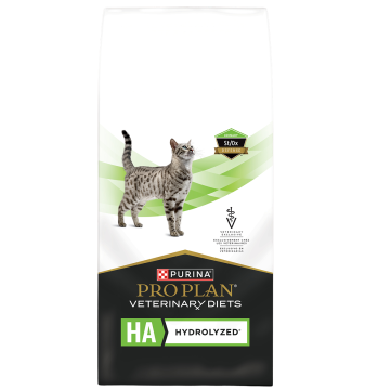 A bag of Purina Pro Plan Veterinary Diets HA Hydrolyzed dry cat food.