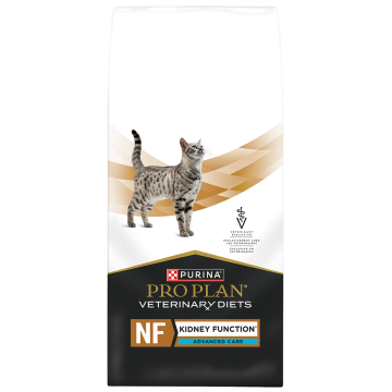 A bag of Purina Pro Plan Veterinary Diets NF Kidney Function Advanced Care dry cat food.