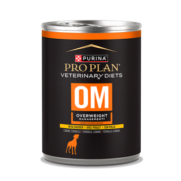 A can of Purina Pro Plan Veterinary Diets OM Overweight Management chicken wet dog food.
