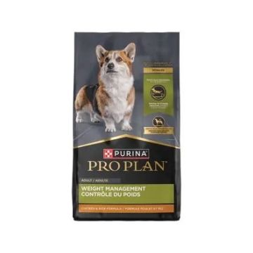 A bag of Purina Pro Plan Weight Management chicken and rice dry dog food.