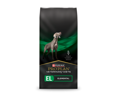 A bag of Purina Pro Plan Veterinary Diets EL Elemental dry dog food.