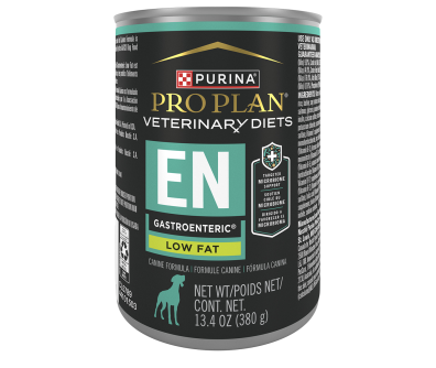 A can of Purina Pro Plan Veterinary Diets EN Gastroenteric Low Fat wet dog food.