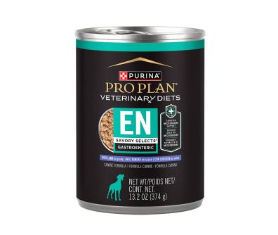 A can of Purina Pro Plan Veterinary Diets EN Savory Selects Gastroenteric lamb in gravy wet dog food.