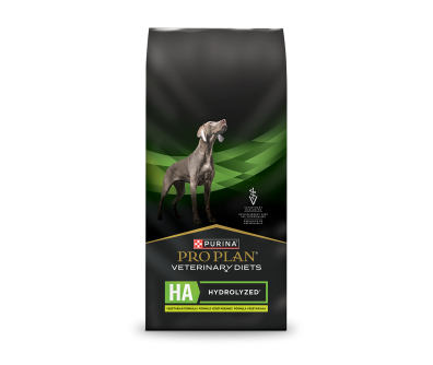 A bag of Purina Pro Plan Veterinary Diets HA Hydrolyzed vegetarian dry dog food.