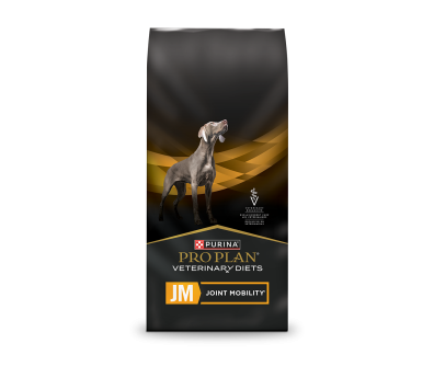 A bag of Purina Pro Plan Veterinary Diets JM Joint Mobility dry dog food.