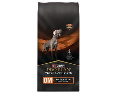 A bag of Purina Pro Plan Veterinary Diets OM Overweight Management dry dog food.