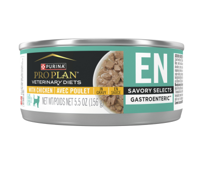 A can of Purina Pro Plan Veterinary Diets EN Savory Selects Gastroenteric chicken wet cat food.
