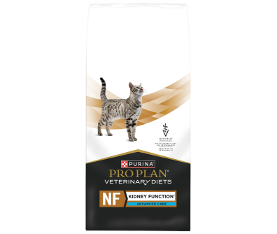 A bag of Purina Pro Plan Veterinary Diets NF Kidney Function Advanced Care dry cat food.