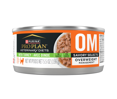 A can of Purina Pro Plan Veterinary Diets OM Overweight Management Savory Selects Turkey wet cat food.