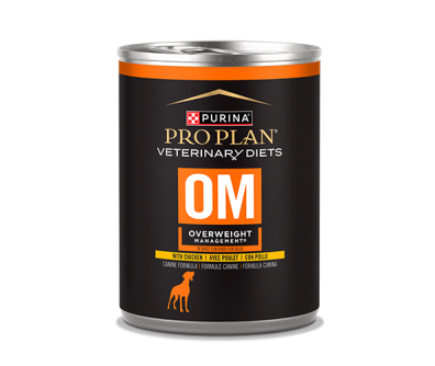 A can of Purina Pro Plan Veterinary Diets OM Overweight Management chicken wet dog food.