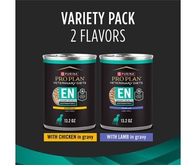 Pro Plan Veterinary Diets EN Gastroenteric Savory Selects wet dog food variety pack comes with chicken and lamb flavors.